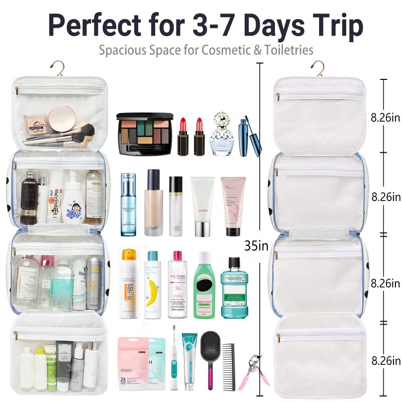 Bosidu Toiletry bag for Women Hanging Travel Toiletry Bag for Toiletries Polka Dots Pattern Toilery Organizer with Hanging Hook Ideal for Full Sized Toiletries and Cosmetics - Image 3
